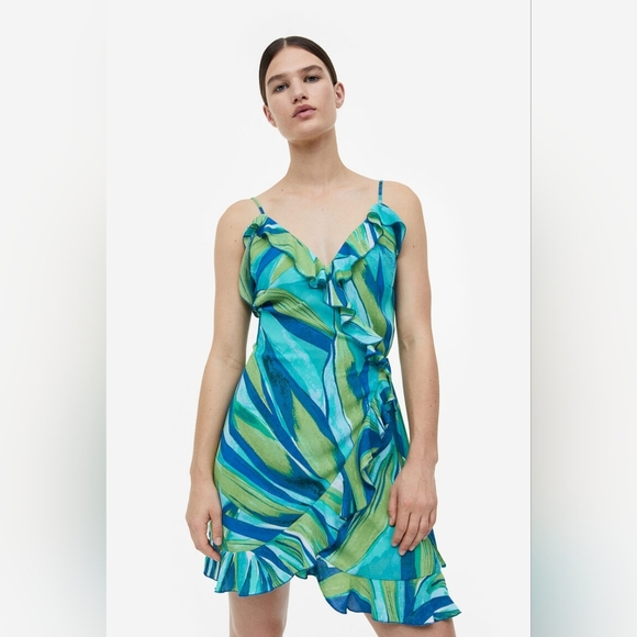 En Saison Blue Green Y2K Style Wrap Ruffle Mini Party Dress Anthropologie Medium - Picture 1 of 9